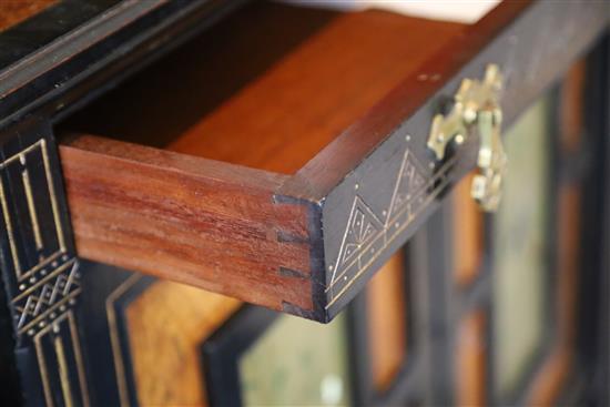 A Victorian Aesthetic Movement burr wood and ebony chiffonier, W.3ft 3in. D.1ft 5.5in. H.4ft 7in.